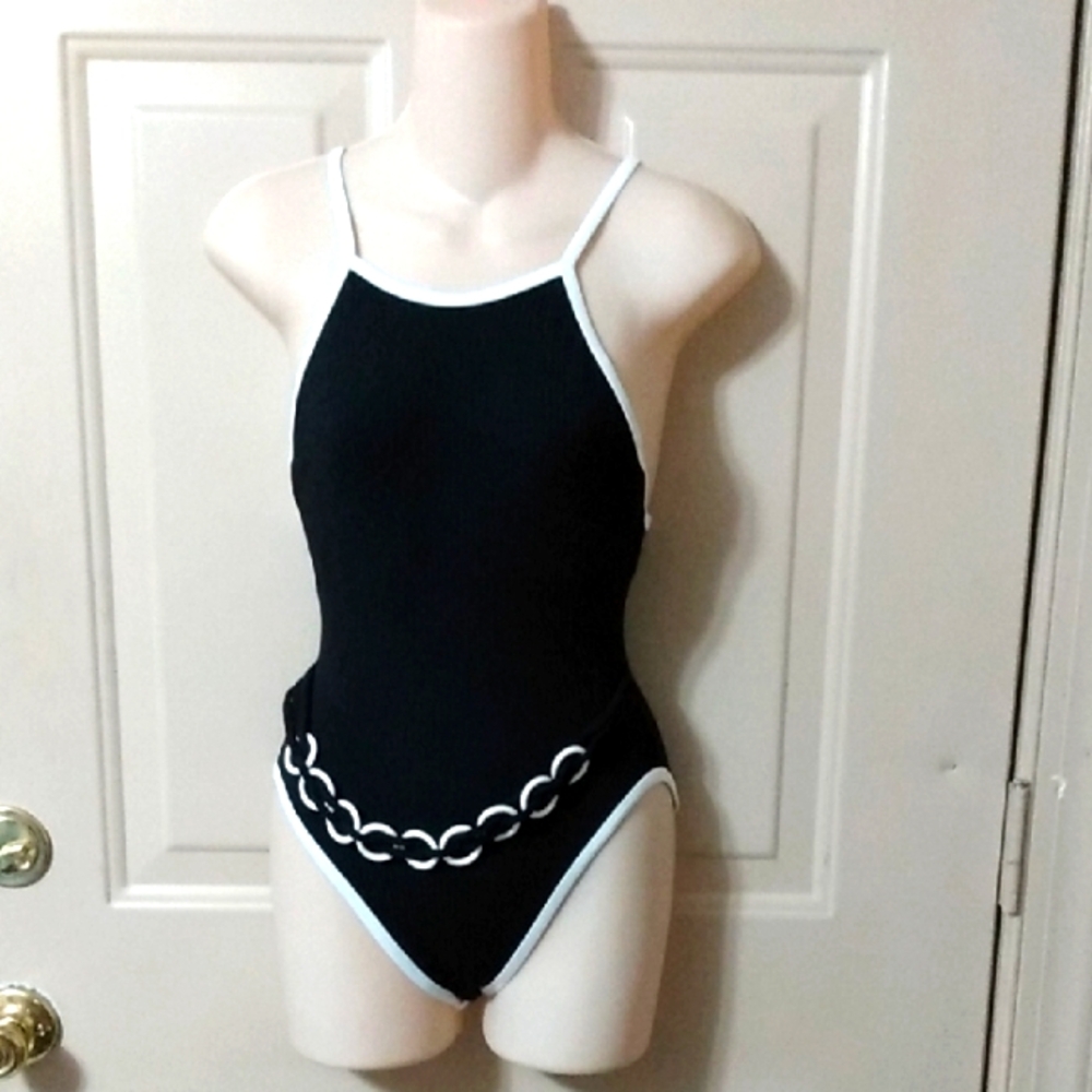 Baja Blue Black White Ribbed Nos 90s Swimsuit